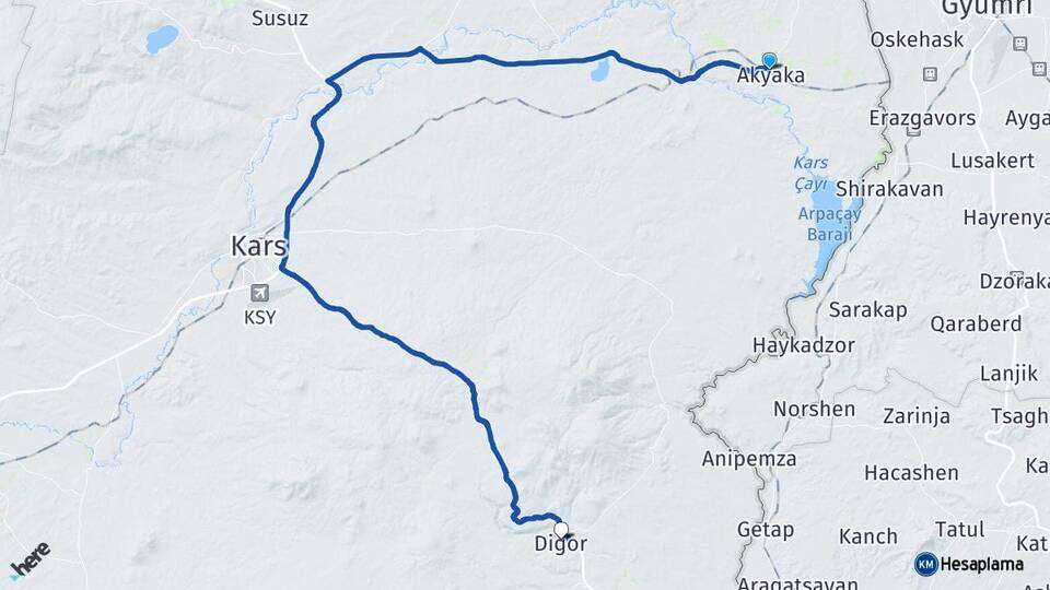 Kars Akyaka Digor Arası Kaç Km - Yol Haritası