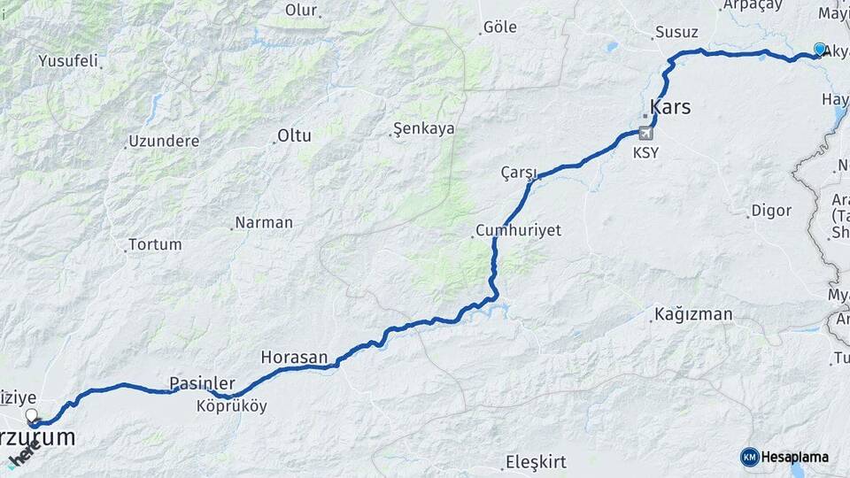 Kars Akyaka Erzurum Arası Kaç Km - Yol Haritası