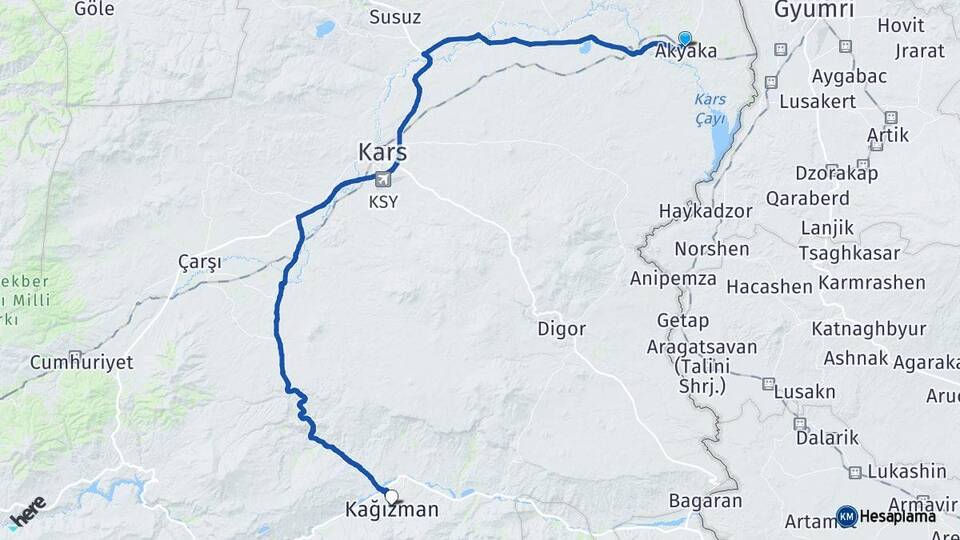 Kars Akyaka Kağızman Arası Kaç Km - Yol Haritası