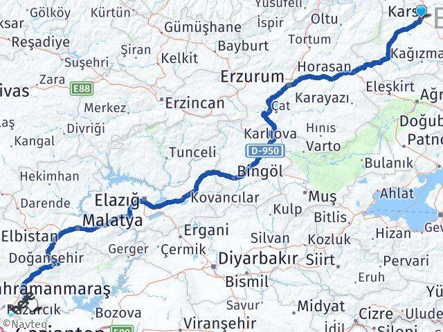 Kars Araban Gaziantep Arası Kaç Km - Yol Haritası