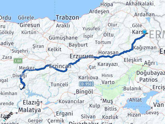 Kars Arapgir Malatya Arası Kaç Km - Yol Haritası