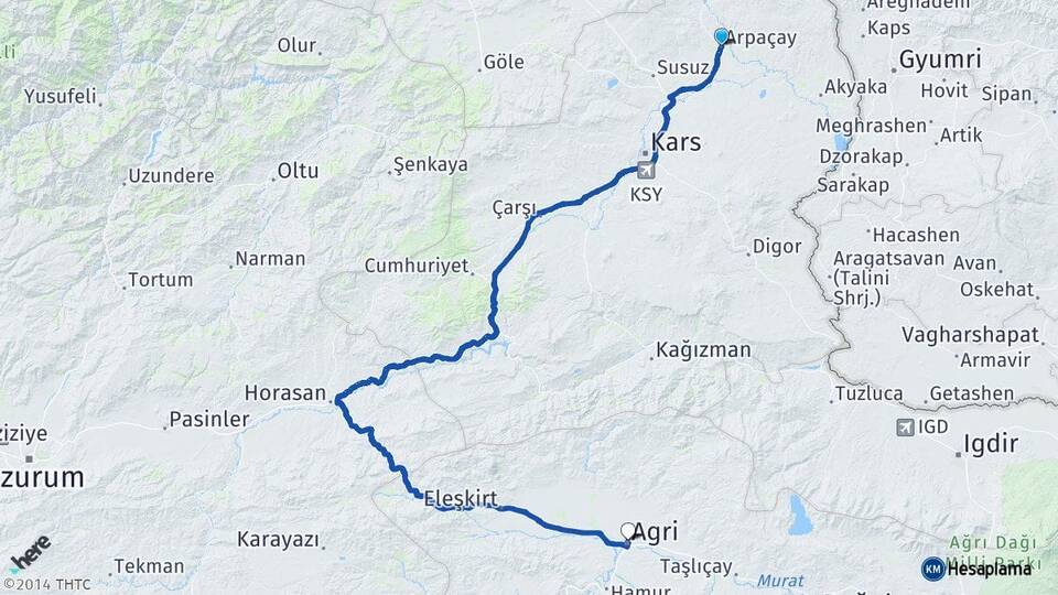 Kars Arpaçay Ağrı Arası Kaç Km - Yol Haritası