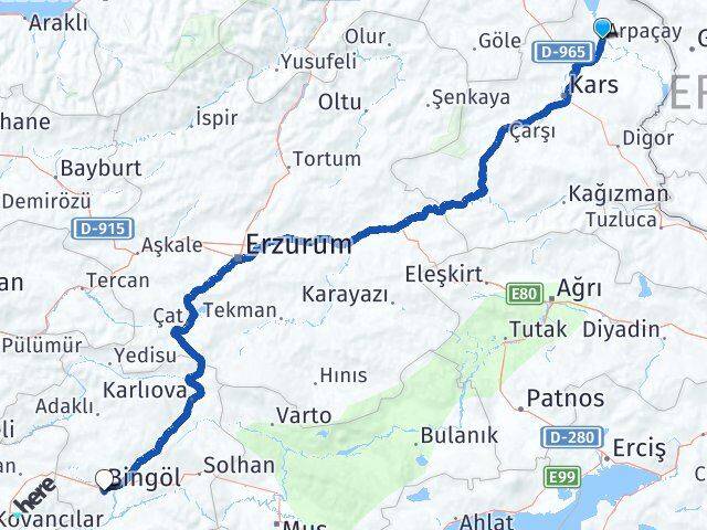 Kars Arpaçay Bingöl Arası Kaç Km - Yol Haritası