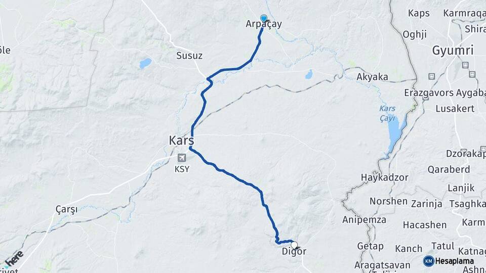 Kars Arpaçay Digor Arası Kaç Km - Yol Haritası