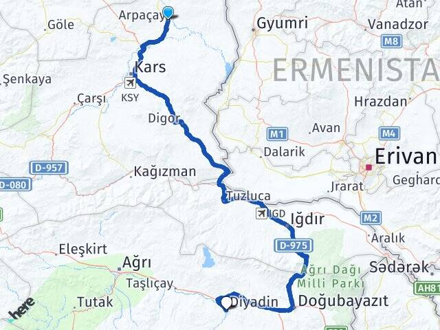 Kars Arpaçay Diyadin Ağrı Arası Kaç Km - Yol Haritası