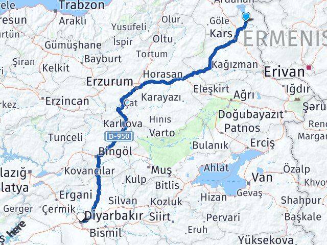 Kars Arpaçay Diyarbakır Arası Kaç Km - Yol Haritası