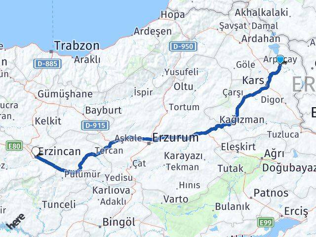 Kars Arpaçay Erzincan Arası Kaç Km - Yol Haritası