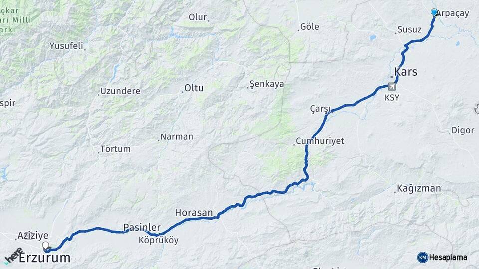 Kars Arpaçay Erzurum Arası Kaç Km - Yol Haritası