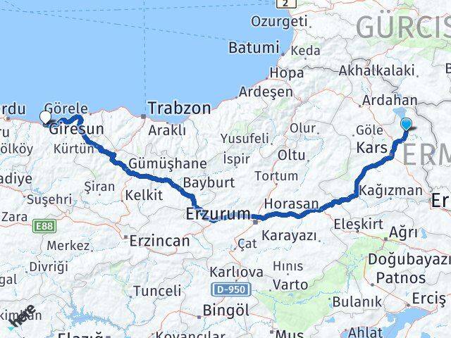 Kars Arpaçay Giresun Arası Kaç Km - Yol Haritası