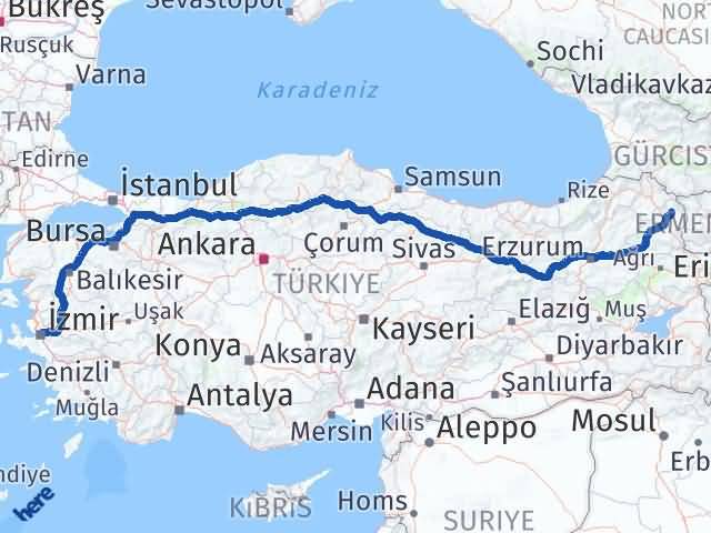 Kars Arpaçay İzmir Arası Kaç Km - Yol Haritası