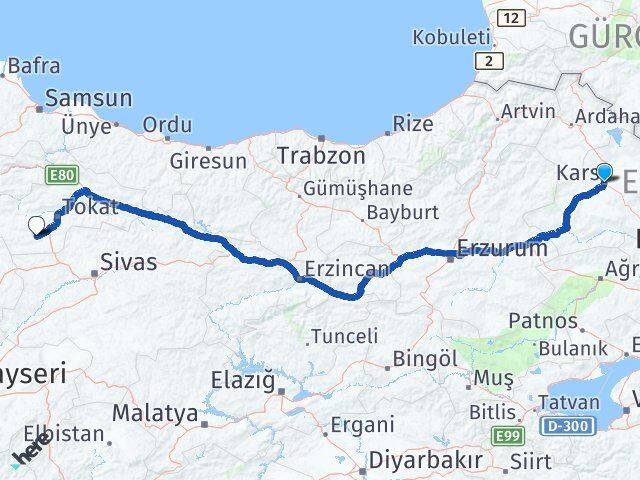 Kars Artova Tokat Arası Kaç Km - Yol Haritası