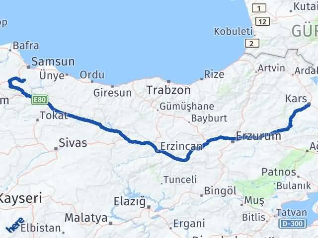 Kars Asarcık Samsun Arası Kaç Km - Yol Haritası
