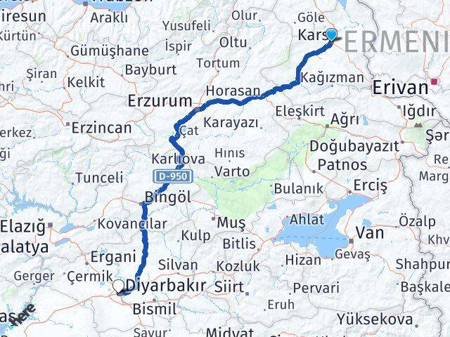 Kars Bağlar Diyarbakır Arası Kaç Km - Yol Haritası