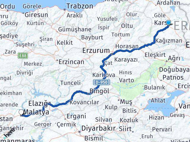 Kars Battalgazi Malatya Arası Kaç Km - Yol Haritası