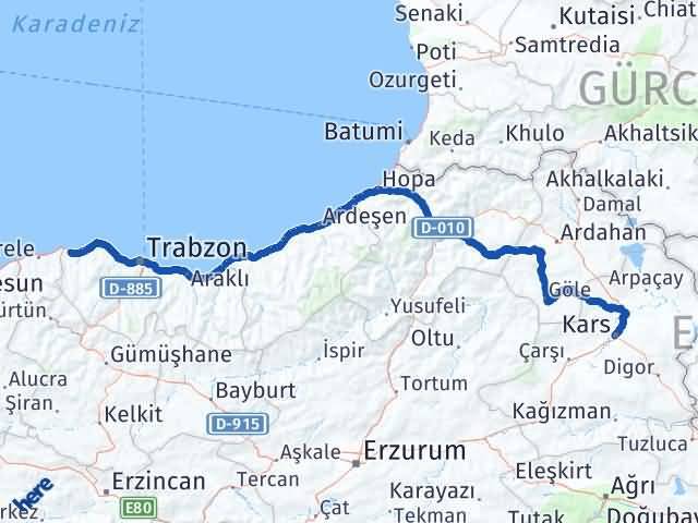 Kars Beşikdüzü Trabzon Arası Kaç Km - Yol Haritası