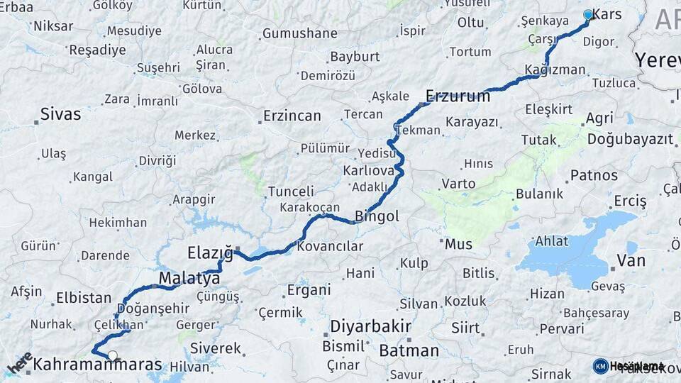 Kars Besni Adıyaman Arası Kaç Km - Yol Haritası