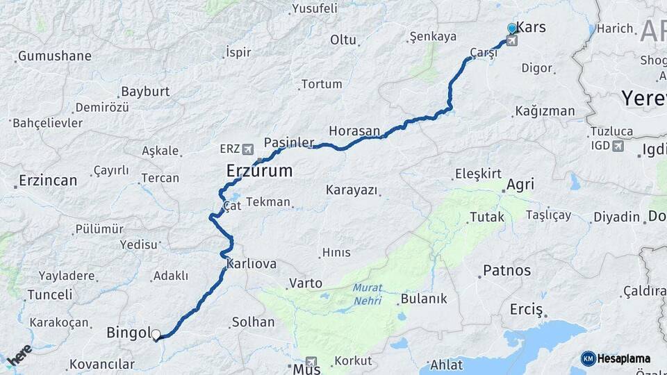 Kars Bingöl Arası Kaç Km - Yol Haritası