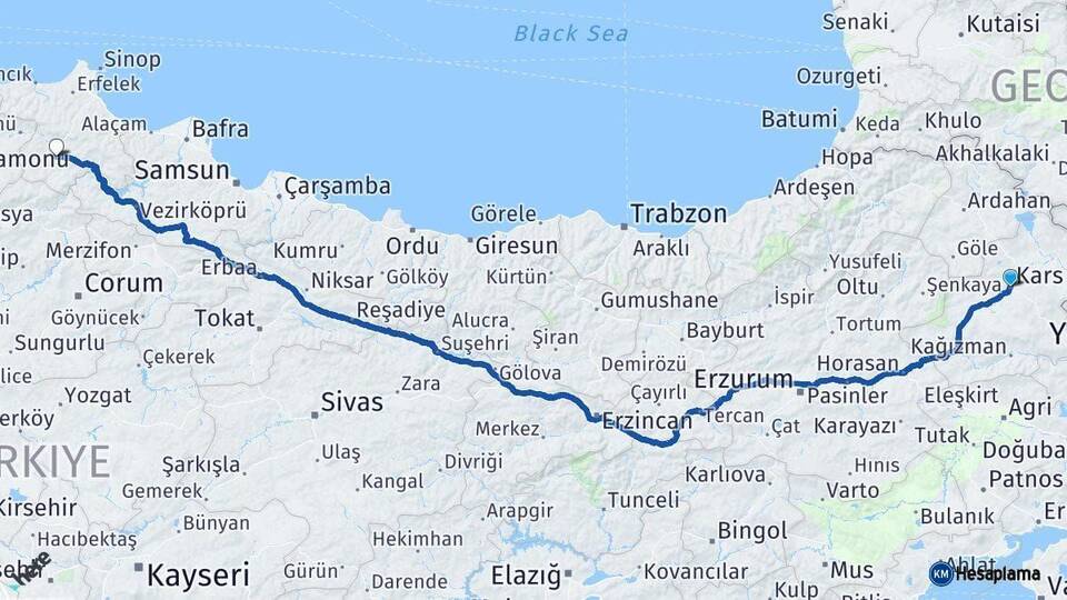 Kars Boyabat Sinop Arası Kaç Km - Yol Haritası