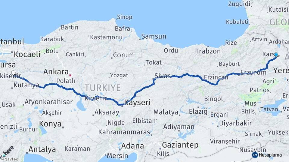 Kars Bozüyük Bilecik Arası Kaç Km - Yol Haritası
