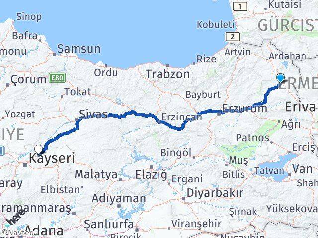 Kars Bünyan Kayseri Arası Kaç Km - Yol Haritası