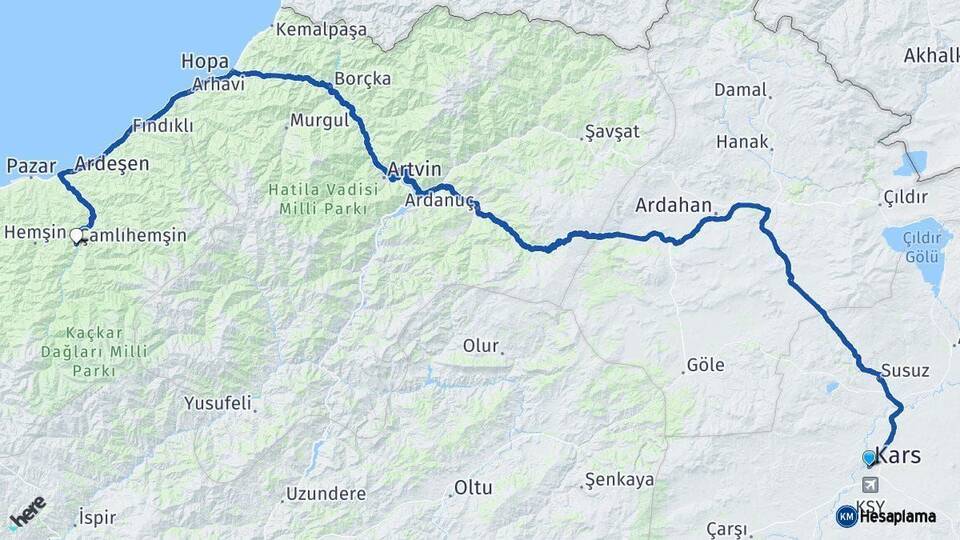 Kars Çamlıhemşin Rize Arası Kaç Km - Yol Haritası