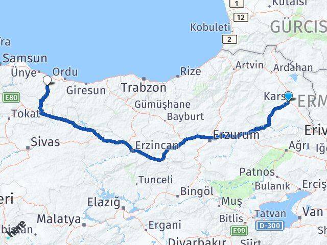 Kars Çatalpınar Ordu Arası Kaç Km - Yol Haritası