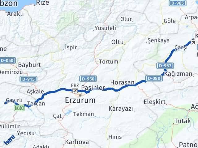 Kars Çayırlı Erzincan Arası Kaç Km - Yol Haritası