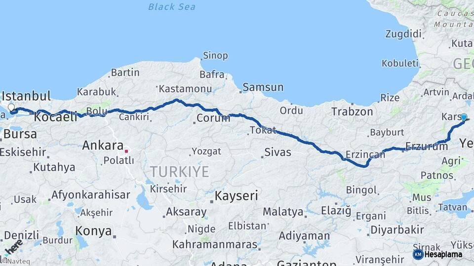 Kars Çayırova Kocaeli Arası Kaç Km - Yol Haritası