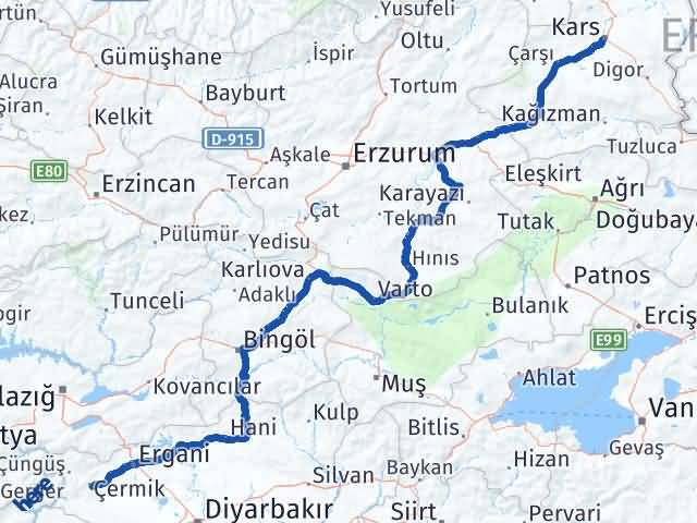 Kars Çermik Diyarbakır Arası Kaç Km - Yol Haritası