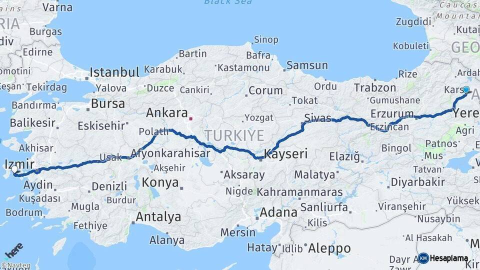 Kars Çeşme İzmir Arası Kaç Km - Yol Haritası