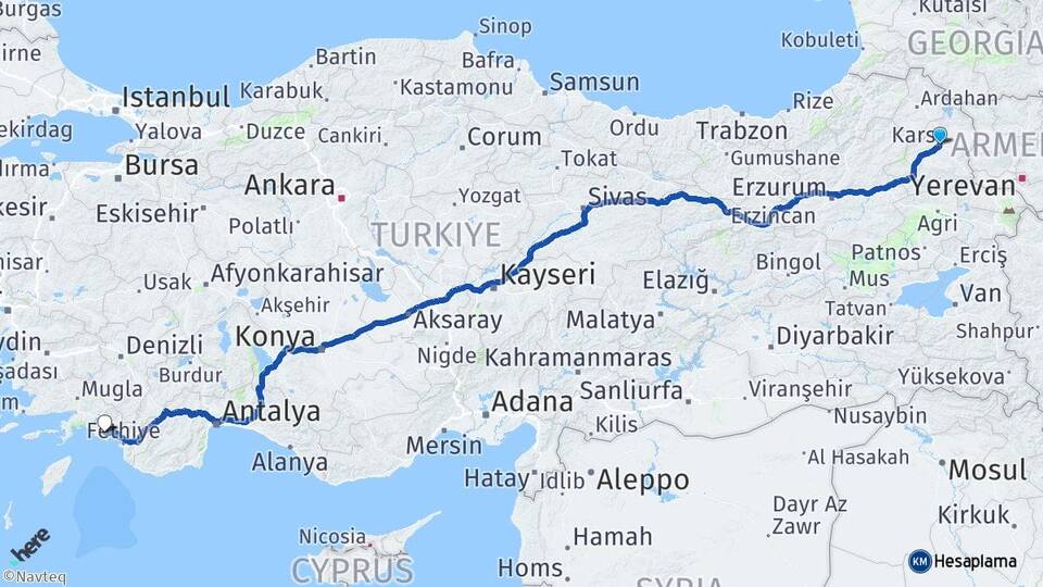 Kars Dalaman Muğla Arası Kaç Km - Yol Haritası