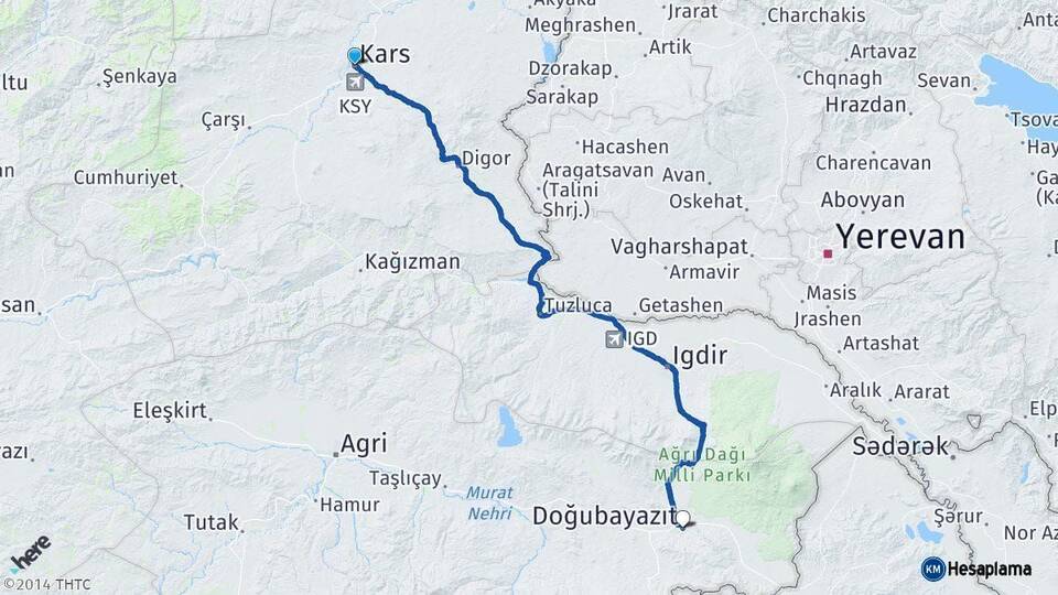 Kars Doğubayazıt Ağrı Arası Kaç Km - Yol Haritası