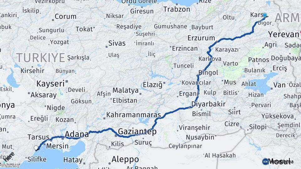 Kars Erdemli Mersin Arası Kaç Km - Yol Haritası