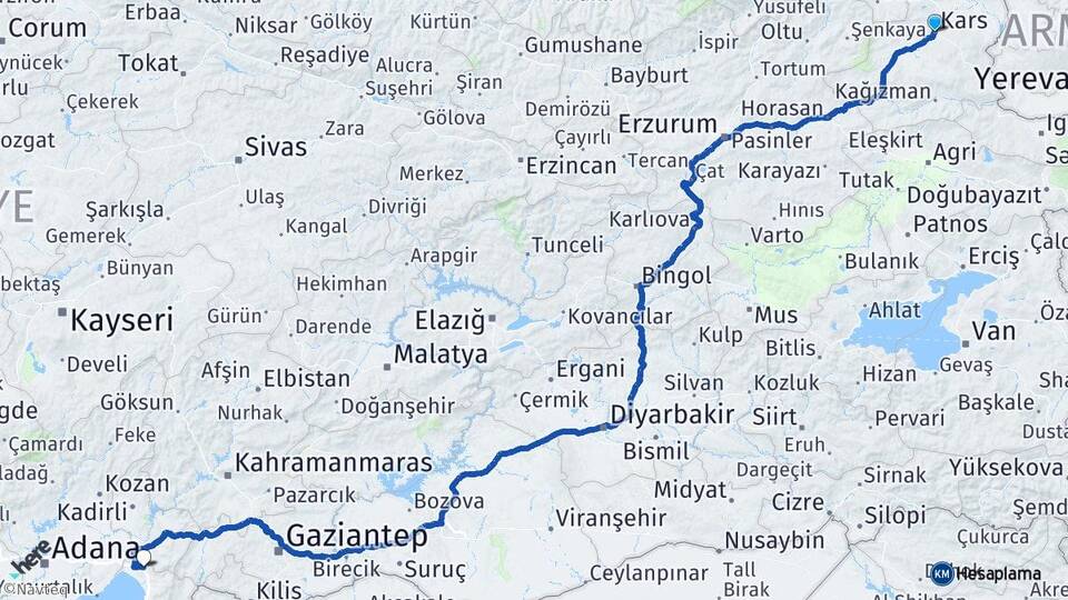 Kars Erzin Hatay Arası Kaç Km - Yol Haritası