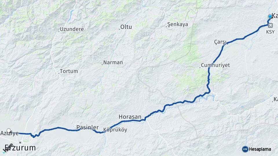 Kars Erzurum Havalimanı Arası Kaç Km - Yol Haritası