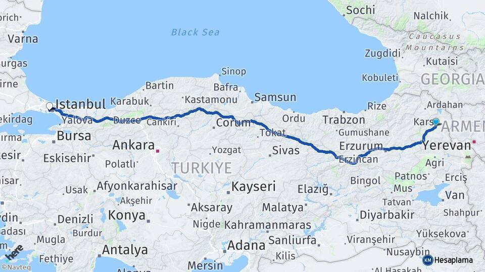 Kars Esenler İstanbul Arası Kaç Km - Yol Haritası