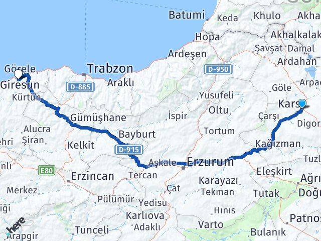 Kars Espiye Giresun Arası Kaç Km - Yol Haritası