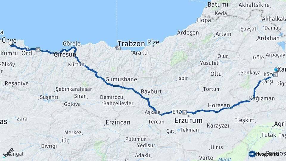 Kars Fatsa Ordu Arası Kaç Km - Yol Haritası