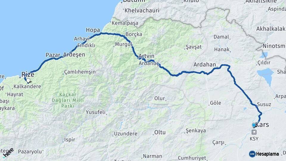 Kars Güneysu Rize Arası Kaç Km - Yol Haritası
