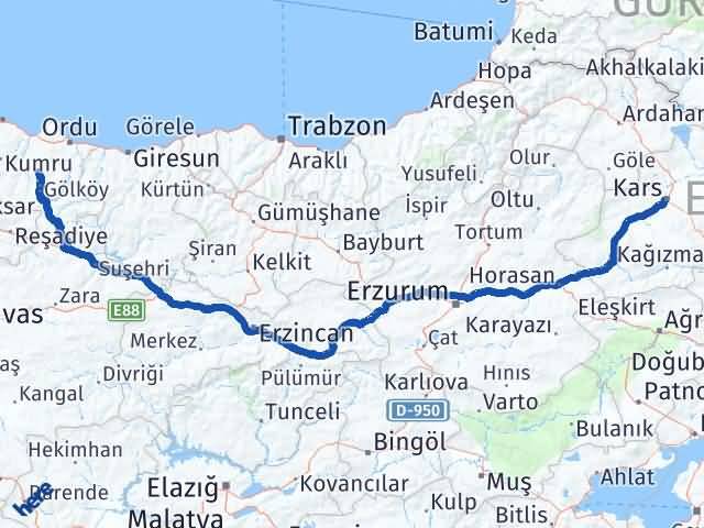 Kars Gürgentepe Ordu Arası Kaç Km - Yol Haritası