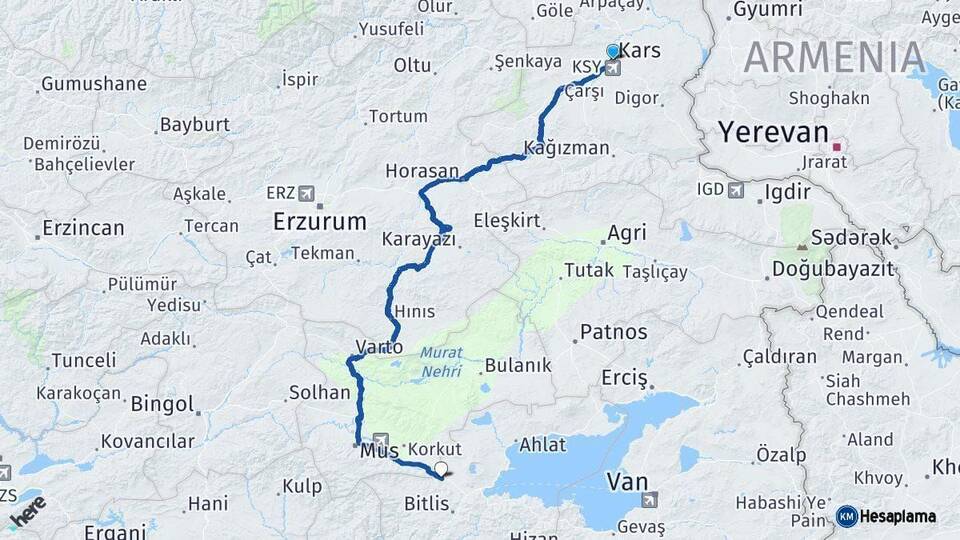 Kars Güroymak Bitlis Arası Kaç Km - Yol Haritası