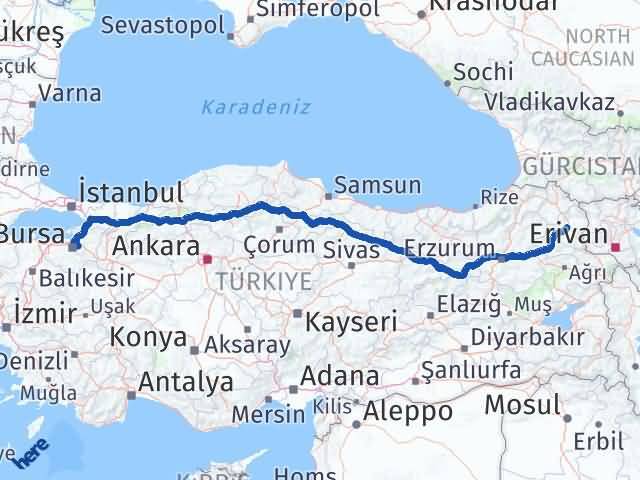 Kars Gürsu Bursa Arası Kaç Km - Yol Haritası