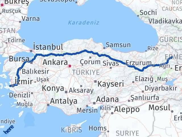 Kars Güzelbahçe İzmir Arası Kaç Km - Yol Haritası