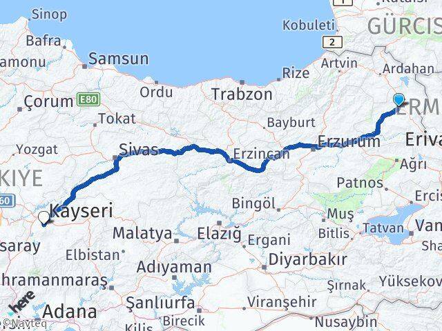 Kars Hacılar Kayseri Arası Kaç Km - Yol Haritası