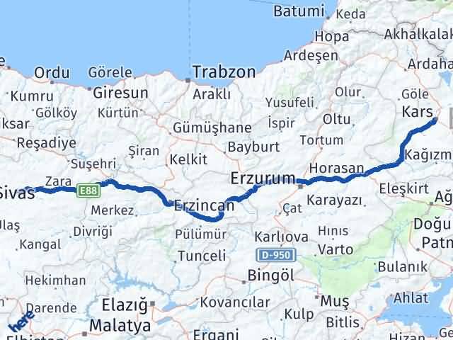 Kars Hafik Sivas Arası Kaç Km - Yol Haritası