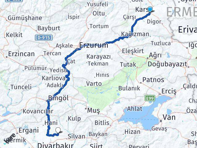 Kars Hazro Diyarbakır Arası Kaç Km - Yol Haritası