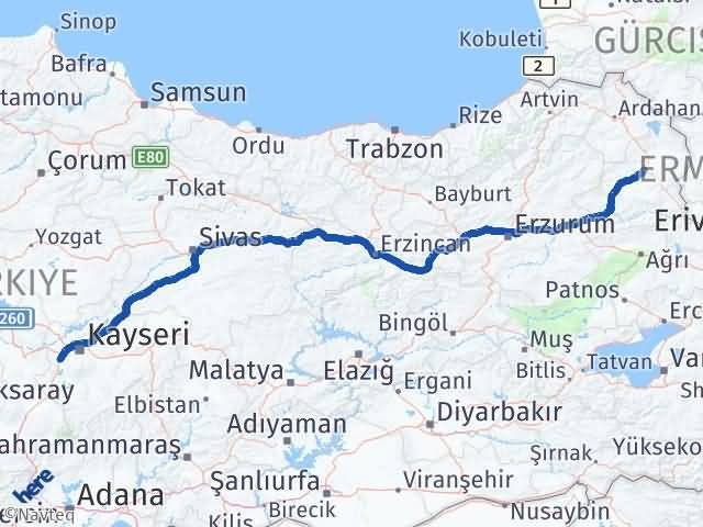 Kars İncesu Kayseri Arası Kaç Km - Yol Haritası