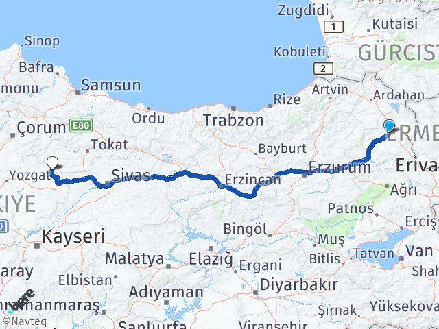 Kars Kadışehri Yozgat Arası Kaç Km - Yol Haritası
