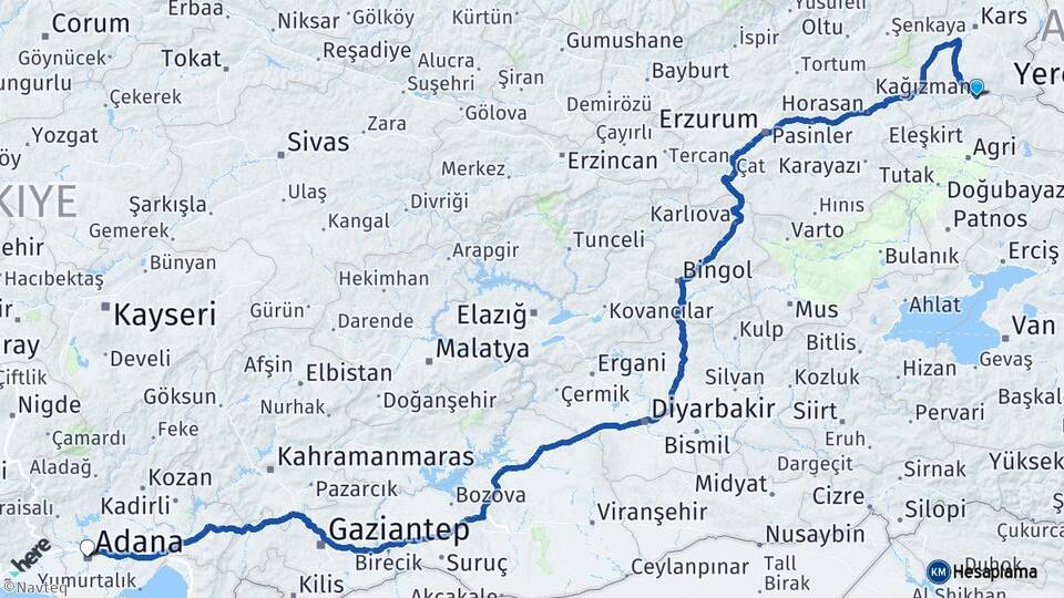 Kars Kağızman Adana Arası Kaç Km - Yol Haritası