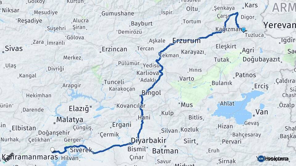 Kars Kağızman Adıyaman Arası Kaç Km - Yol Haritası